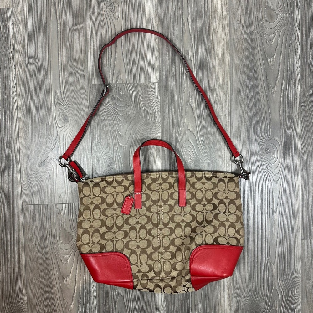 Coach Hadley Signature Canvas Zip Top Large Tote/Satchel with Red Accents‎